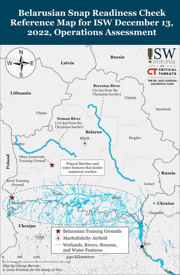 벨라루스의 우크라이나 전쟁 참전 가능성을 보여주는 2022년 12월 13일(현지시간) 기준 현지 준비태세 현황. 미 전쟁연구소(ISW)