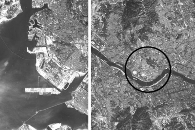 북한이 공개한 인천-서울 위성사진 북한이 19일 공개한 인천향(왼쪽 사진)과 용산 대통령실 일대(오른쪽 사진 원 안)등 서울을 촬영한 위성사진. 북한은 사진을 공개하며 전날 동창리 세해위성발사장에서 발사한 준중거리탄도미사일(MRBM)에 대해 “정찰위성 개발을 위한 중요 시험을 했다” 라고 주장했다. 노동신문 뉴스1