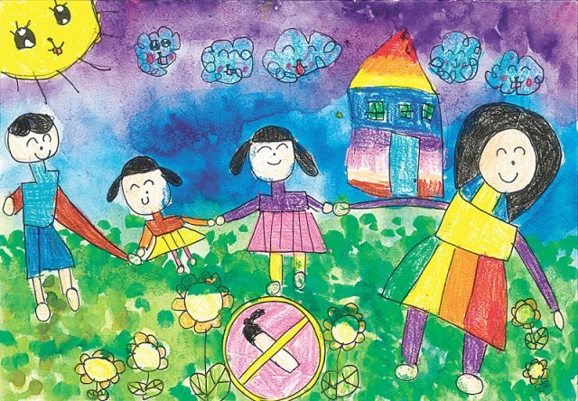 유아 흡연위해예방교육을 받은 어린이가 그린 그림. 금연으로 행복해진 가족의 모습을 그렸다. 국가금연지원센터 제공