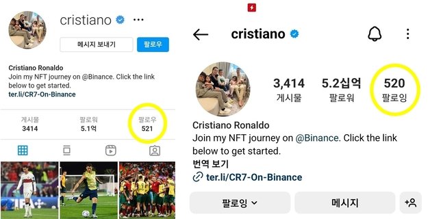 O número de seguidores na conta de Ronaldo foi reduzido de 521 para 520. Ronaldo está desaparecido.  (Instagram)