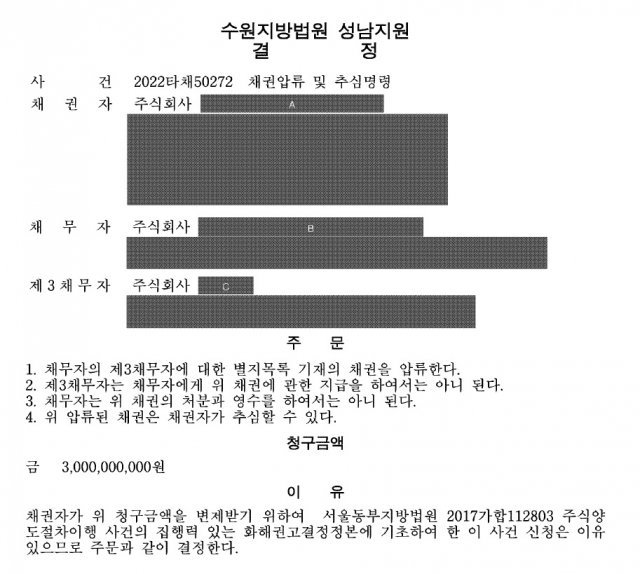 올해 1월 A 씨가 김 전 대표 대신 정 대표에게 30억 원을 받을 수 있도록 명령한 법원 결정문.