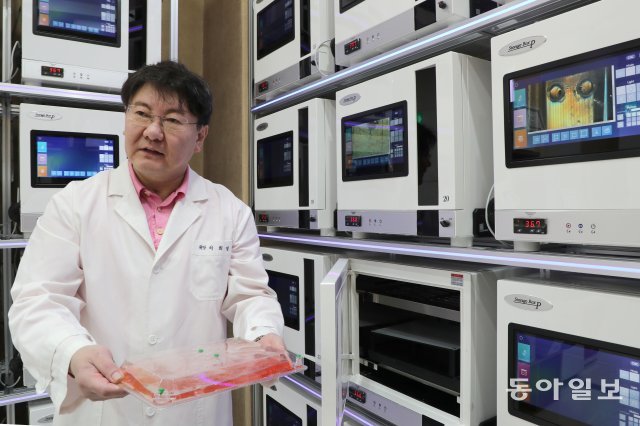 이희영 박사가 서울 강남구 신사동 메디칸 사무실에서 줄기세포 자가 배양기에서 빼낸 줄기세포를 보여주며 설명하고 있다. 이훈구 기자 ufo@donga.com