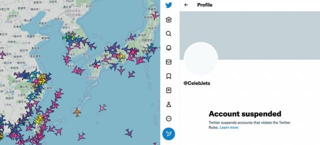 개인·상업 항공기 데이터를 조회할 수 있는 미국연방항공국 ‘ADS-B’의 화면과 최근 정지된 ‘셀러브리티 제트’ 트위터 계정(왼쪽부터). 각 사이트 화면 캡처