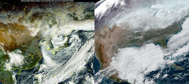 혹한+폭설이 겹쳤던 크리스마스 주말 우리나라(왼쪽)와 미국의 위성사진. 기상청, 미국해양대기청(NOAA)