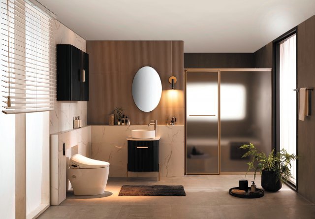 욕실가구에서 볼 수 없었던 라운딩 쉐입과 노출형 다릿발, 독특한 템바보드 디자인을 한 헬베티카 시리즈.