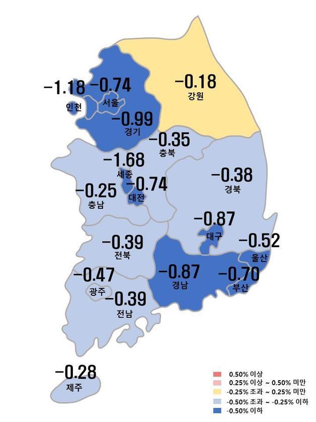 시도별 아파트 매매가격지수 변동룔(한국부동산원 제공)