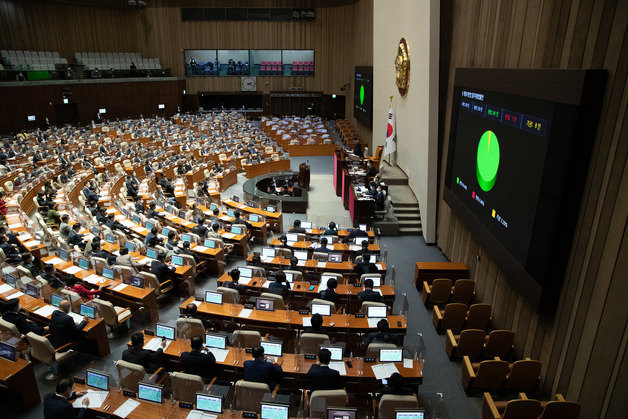 8일 서울 여의도 국회에서 열린 제400회 국회(정기회) 제14차 본회의에서 행정기본법 일부개정법률안이 찬성 241인, 반대 1인 기권 8인으로 가결되고 있다. 2022.12.8/뉴스1