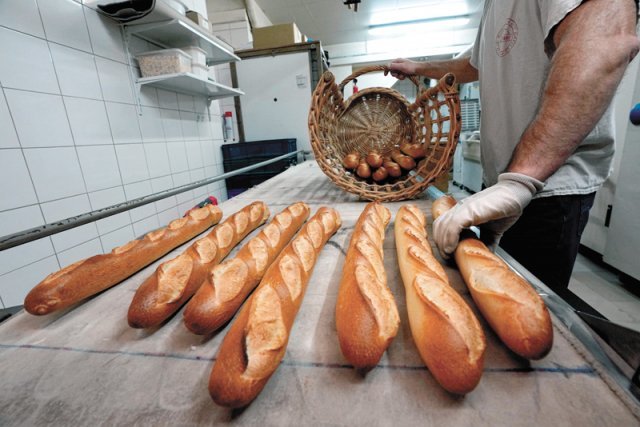 지난해 11월 프랑스 파리 인근 베르사유의 한 빵집에서 갓 구운 바게트를 일렬로 세워 놓은 모습. 베르사유=뉴시스