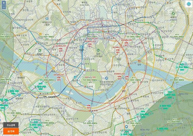 서울 용산구 일대에서 설정돼 있는 비행금지구역(빨간색 원). 국토교통부 드론 원스톱 민원서비스 캡처