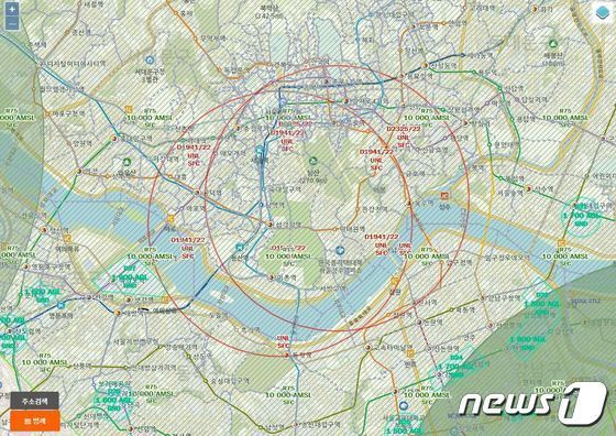 서울 용산구 일대에서 설정돼 있는 비행금지구역(빨간색 원) (국토교통부 드론 원스톱 민원서비스 캡처)