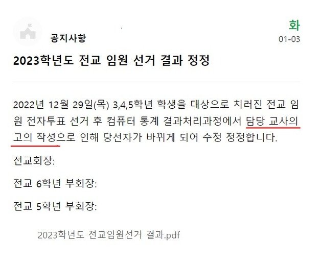 전북 군산의 한 초등학교에서 학생회장 선거 투표 결과가 며칠만에 뒤바뀐 사건이 발생했다. 지난 3일 해당 학교에서 공지한 내용. 현재는 ‘담당 교사의 고의 작성’ 부분의 내용이 삭제돼 있다.2023.1.7/뉴스1