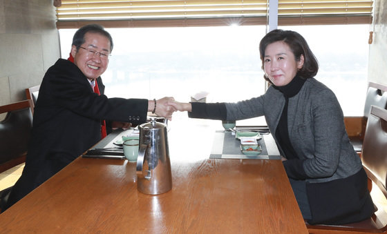 2021년 1월 12일 나경원 전 국민의힘 의원은 서울시장 보궐선거 출마 선언을 앞두고 의견을 구하기 위해 홍준표 의원을 만났다. 국회사진취재단