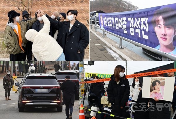 그룹 방탄소년단의 ‘맏형’ 진(김석진)이 13일 경기 연천의 육군 5사단 신병교육대에 입대했다. (왼쪽 위부터 시계방향으로) 그와 동행한 멤버들이 짧게 깎인 진의 머리를 장난스럽게 매만지고 있다. 길가에는 그를 응원하는 문구가 새겨진 현수막들이 줄줄이 내걸려 있다. 현장을 직접 찾은 팬들의 모습.진이 탑승한 차량이 부대로 진입하고 있다. 스포츠동아 주현희 기자