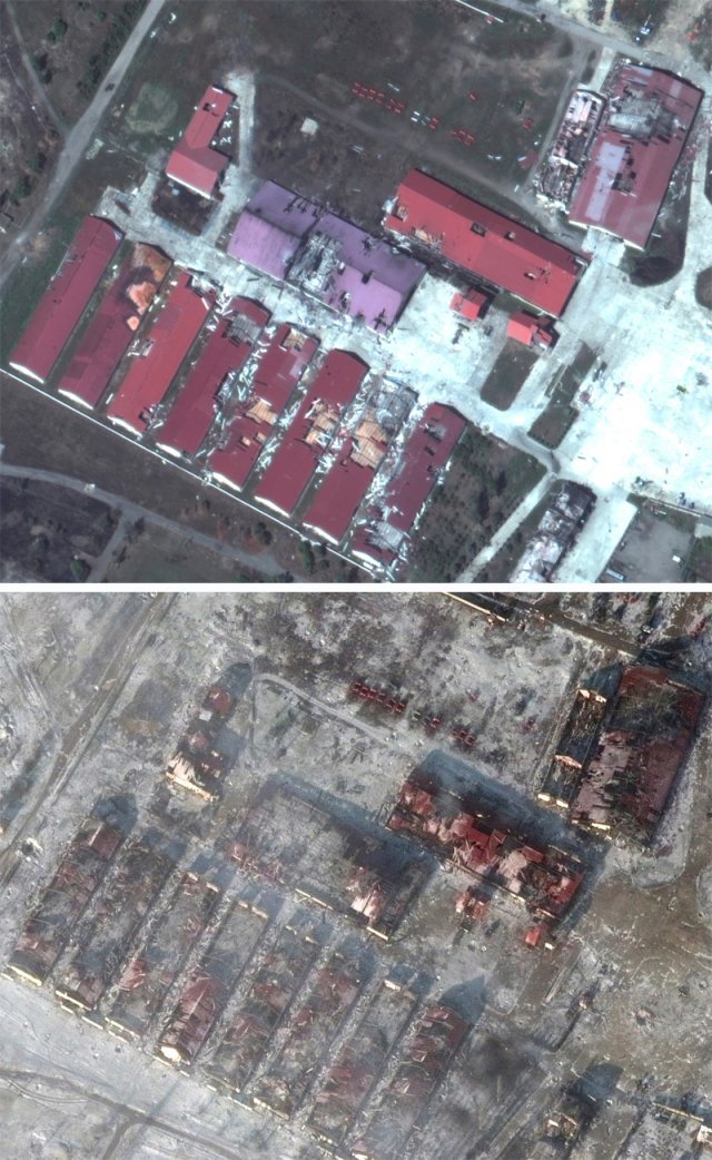 폭격뒤 잿더미만 남은 우크라 창고 우크라이나 동부 도네츠크 야코울리우카 지역의 농업용 창고로 보이는 건물들이 
지난해까지는 지붕이 약간 파손됐지만 형체는 온전했던 반면(위쪽 사진) 올해 포격과 미사일 공습을 받은 뒤 건물은 완파돼 잿더미만 
남았고 도로도 심하게 훼손됐다. 이 위성사진들은 미국 민간 위성업체 맥사가 촬영해 11일 공개했다. 야코울리우카=AP 뉴시스