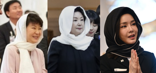 왼쪽부터 박근혜 전 대통령, 김정숙 여사, 김건희 여사가 샤일라를 착용한 채 모스크를 둘러보고 있다. 뉴스1