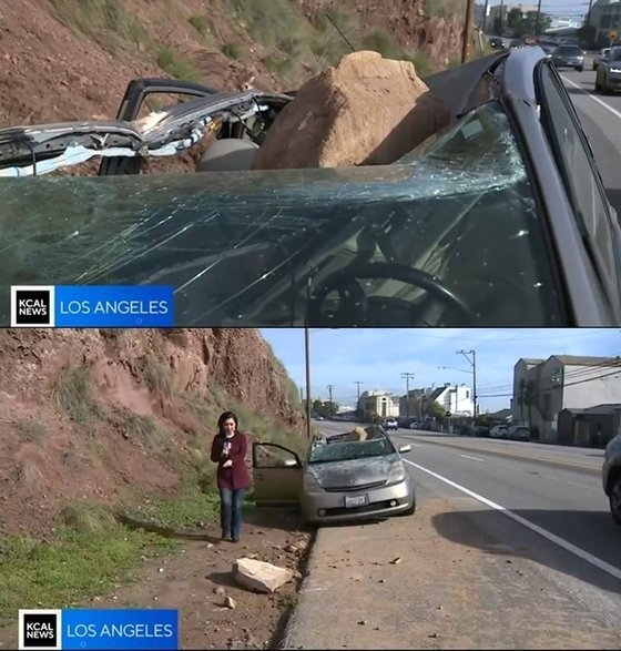 산에서 굴러온 거대한 낙석으로 인해 헤나오의 차량이 반파됐다. 뉴스1