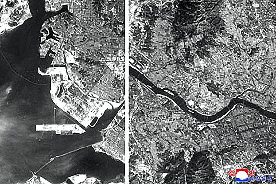 북한이 지난달 18일 위성시험품 탑재체에서 촬영했다고 공개한 서울(오른쪽)과 인천항 사진.