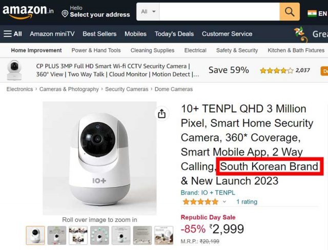 인도 아마존에서 팔리고 있는 텐플 스마트 홈 카메라는 ‘한국 브랜드’임을 강조하고 있다 (출처=아마존)