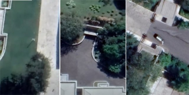 미국의소리(VOA) 방송이 18일(현지 시간) 구글 어스로 촬영한 김정은 북한 국무위원장의 집무실(조선노동당 1호 청사)과 관저 
주변 위성사진을 공개했다. 청사 구역 내 가로등의 그림자, 지하 시설로 들어가는 입구, 경비 초소를 통과하는 차량(왼쪽부터)까지 
선명히 보인다. 구글 어스 캡처