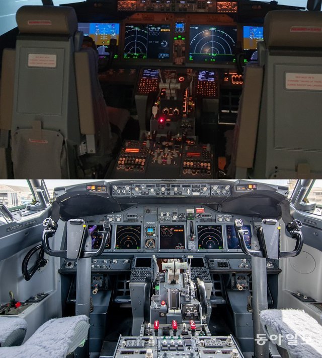 737MAX(위)와 737NG의 조종석 비교. MAX 기종의 조종석이 더 크고 선명한 화면으로 바뀌어 있습니다. 하지만 실제 시스템은 향상된 점이 없다고 해당 기종 조종사들은 말합니다. 동아일보DB, 위키미디어