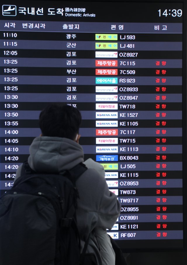 지난해 12월 22일 제주국제공항 도착 대합실 전광판에 결항 안내문이 나타나고 있다. 이날 오후 1시까지 제주공항에서는 항공기 총 229편이 무더기로 결항됐다. 2022.12.22. 뉴스1