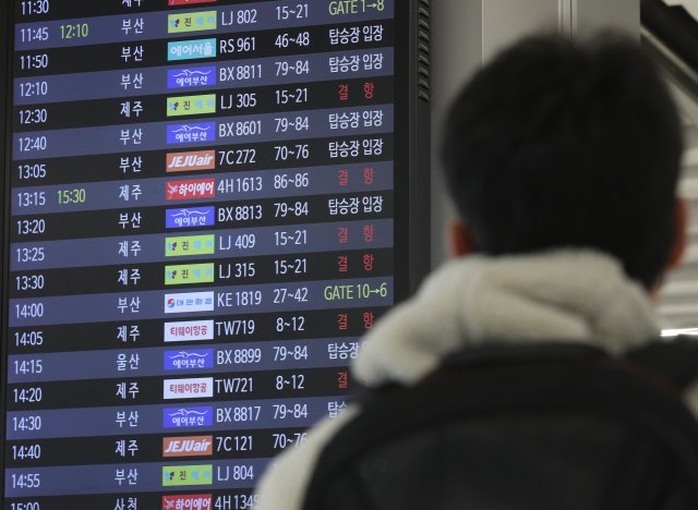 24일 서울 강서구 김포공항 국내선 전광판에 제주행 항공편 결항 표시가 나오고 있다. 2023.1.24. 뉴스1