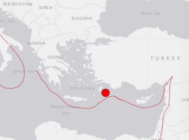 그리스와 튀르키예(터키) 사이 지중해 해역에서 25일(현지시간) 오후 2시37분(한국시간 오후 9시37분) 규모 5.9의 지진이 발생했다. 미 지질조사국 갈무리