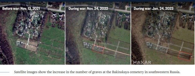 미국 맥사 테크놀로지스가 24일(현지시간) 촬영한 러시아 남서부 바킨스카야 공동묘지의 모습. 이곳은 러시아 민간 군사조직 와그너 그룹 전사자의 무덤으로 할당된 곳으로 알려져 있다.(미 NBC 방송 홈페이지 갈무리)