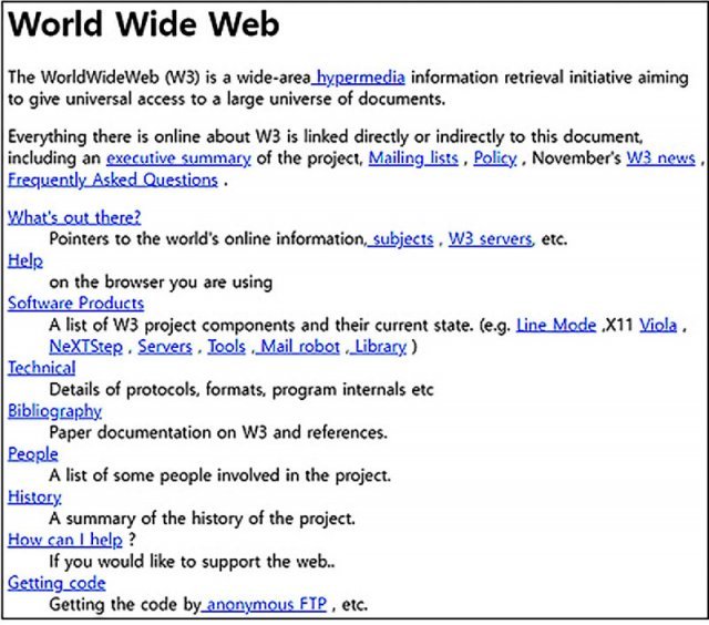 1993년 공개된 세계 최초의 웹사이트 화면. 2013년 당시 ‘월드와이드웹 출시 20주년’을 맞아 웹이 처음 추구했던 개방성과 자유로운 접근성 등 웹의 기원과 중요성을 사람들에게 널리 알리기 위해 복구했다. 사진 출처 유럽원자핵공동연구소(CERN) 홈페이지