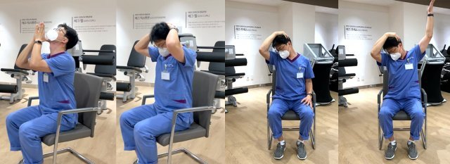 가볍게 하루를 시작할 수 있도록 앉아서 할 수 있는 목 스트레칭 동작. 서울부민병원 제공