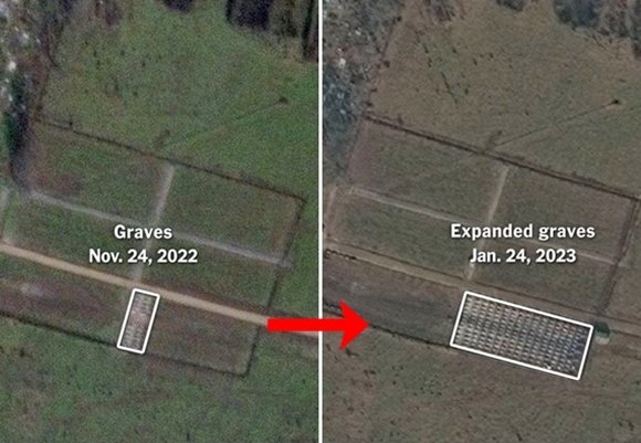 불과 두 달 만에 무덤 규모가 7배 이상 늘어난 러시아 남서부의 와그너 용병 공동 매장지. 맥사테크놀로지