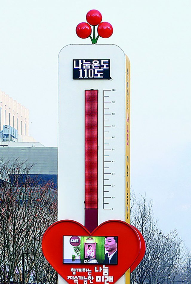 1일 서울 종로구 광화문광장에 설치된 사랑의 온도탑이 ‘나눔 온도 110도’를 가리키고 있다. 사랑의열매 사회복지공동모금회 제공