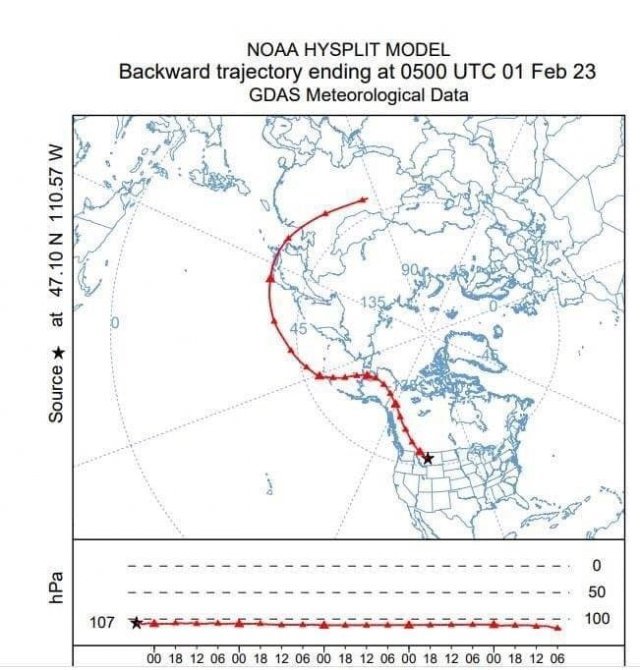 댄 새터필드가 미국 국립해양대기국(NOAA) 모델을 활용해 낸 중국 정찰풍선 경로. 댄 새터필드 트위터 캡처