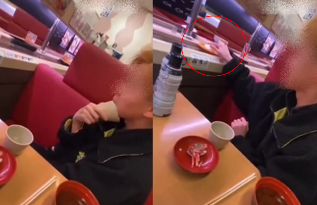 한 남성이 스시로 매장에서 컵을 혀로 핥고, 초밥에 침을 묻히고 있다. 틱톡