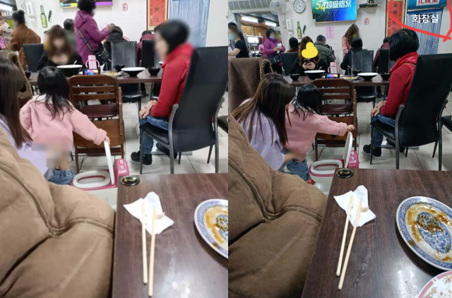 대만의 한 여성이 사람으로 붐비는 식당 한복판에 휴대용 변기를 놓고 딸에게 용변을 보게 하고 있다. 페이스북