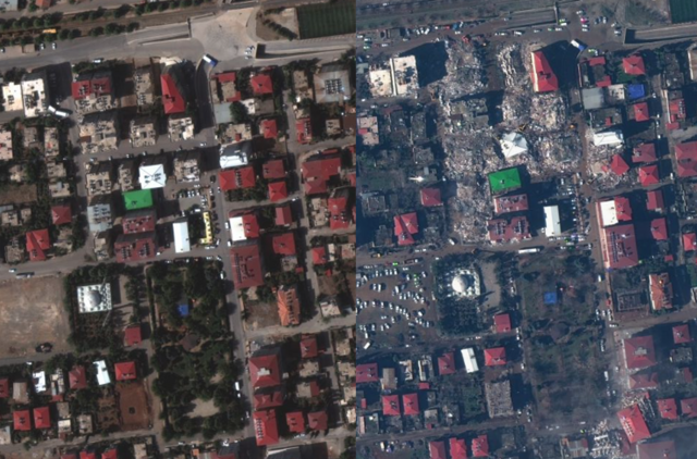 2022년 10월 4일(왼쪽)과 2023년 2월 7일(현지시간) 튀르키예 도시 모습. 맥사 테크놀로지스 트위터 (@Maxar) 갈무리