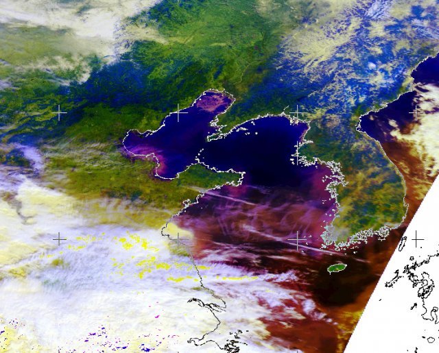 9일 고려대기환경연구소가 공개한 한반도 주변 위성 촬영 사진. 중국 동부지역의 대기오염물질(보라색)이 서해를 거쳐 한반도 중남부 지역으로 이동하고 있다. (고려대기환경연구소 제공) 청주=뉴시스