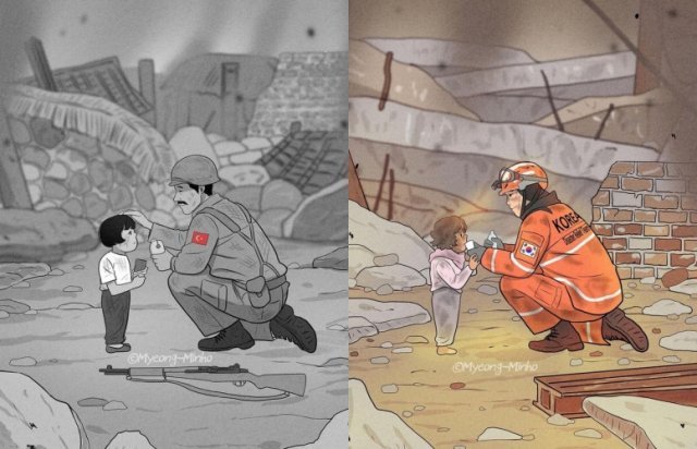 만화 일러스트레이터 명민호 작가의 그림. 한국전쟁 당시 전쟁고아를 돌봐주는 튀르키예 군인의 모습과 최근 지진으로 피해를 본 튀르키예에서 아이를 돕고 있는 한국 긴급구호대의 모습이 담겼다. 명민호 작가 인스타그램
