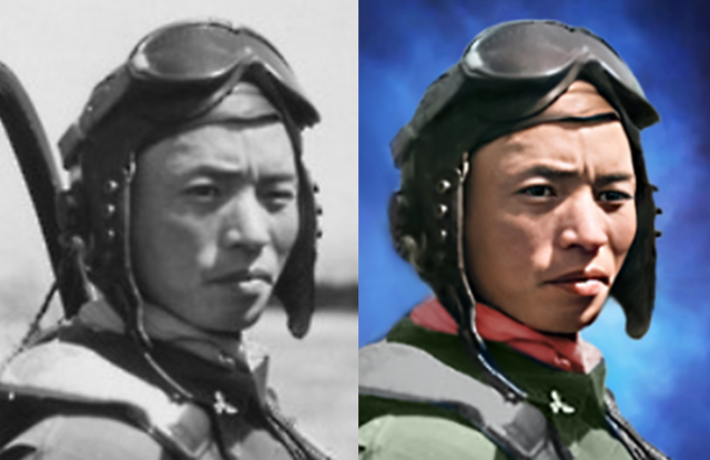 6·25 전쟁 당시 대한민국 공군 최초로 100회의 전투기 출격을 기록한 공군의 전설 김두만 장군(왼쪽)과 인공지능(AI)기술로 복원된 컬러 사진. 국가보훈처