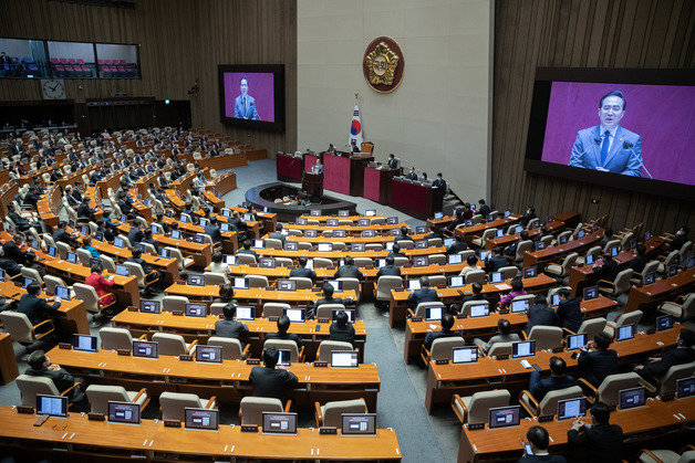 박홍근 더불어민주당 원내대표가 13일 오전 서울 여의도 국회에서 열린 제403회 국회(임시회) 제5차 본회의에서 교섭단체 대표연설을 하고 있다. 2023.2.13/뉴스1
