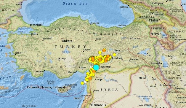 지난 6일(현지시간) 튀르키예 남동부에서  규모 7.8의 강진이 발생한 뒤 여진이 수백차례 뒤따랐다.  (미 지질조사국, USGS)