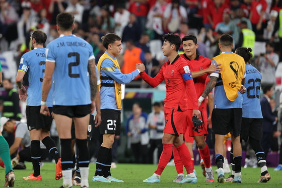 24일 오후(현지시간) 카타르 알라이얀 에듀케이션 시티 스타디움에서 열린 2022 카타르 월드컵 조별리그 H조 1차전 대한민국과 우루과이의 경기에서 무승부로 경기를 마친 양팀 선수들이 서로를 격려하고 있다. 2022.11.25/뉴스1