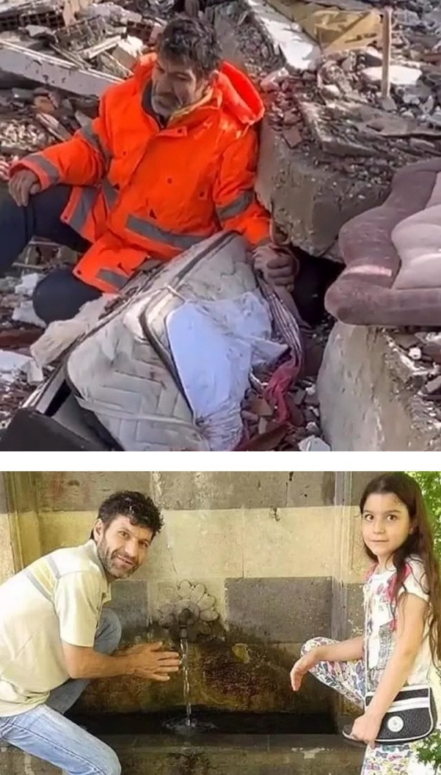 6일(현지 시간) 튀르키예 동남부 카흐라만마라슈에서 지진으로 무너진 아파트 잔해에 깔려 사망한 15세 막내딸 이르마크의 손을 
아버지 메수트 한제르 씨가 놓지 않고 있다(위 사진). 그가 딸 이르마크와 생전에 찍은 사진. 사진 출처 트위터