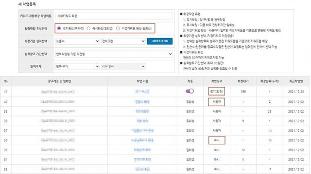 키워드 자동 확장을 설정하는 모습. 출처 = 보라웨어