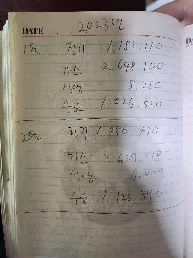 관악구에서 숙박업소를 운영하는 정현자씨가 가계부를 펼쳐 보이고 있다. 2월 가스비만 360만원을 넘는다. ⓒ 뉴스1