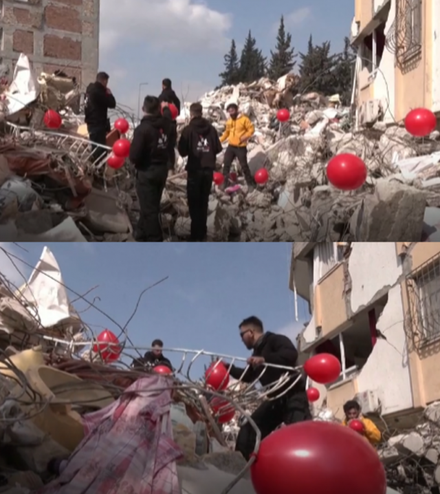오쿤 세버 오쿠르 사진작가 겸 풍선프로젝트 활동 리더와 튀르키예(터키) 자원봉사자들이 하타이 내 무너진 건물 잔해에 아이들을 추모하는 풍선이 묶고 있다. BBC