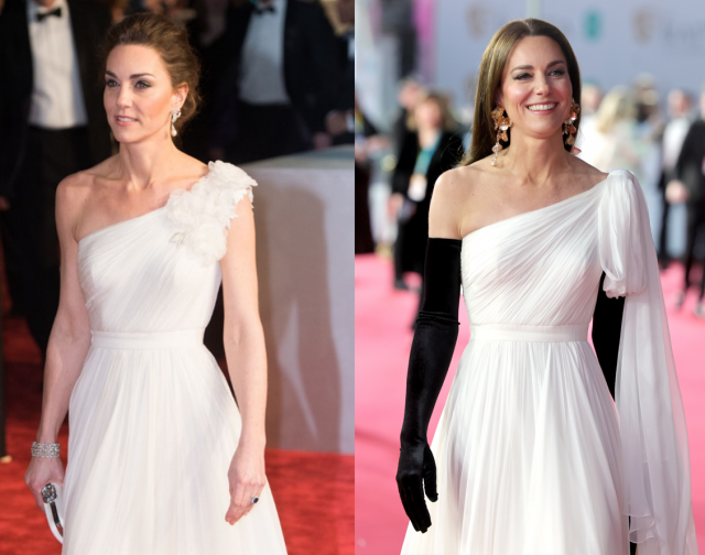 캐서린 왕세자빈이 지난 19일(현지시간) 영국에서 열린 BAFTA 시상식에서, 기존에 착용했던 명품 브랜드 알렉산더 맥퀸(Alexander McQueen)의 드레스(왼쪽)를 업사이클링해 입고 등장했다. GettyImages
