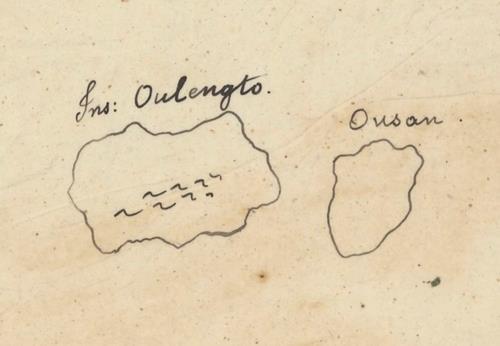 김대건 신부가 1845년 제작한 조선전도에 나오는 울릉도와 독도. 오른쪽에 표기된 ‘Ousan’은 독도의 옛 이름 ‘우산’을 로마자로 옮긴 것이다. 동북아역사재단 제공
