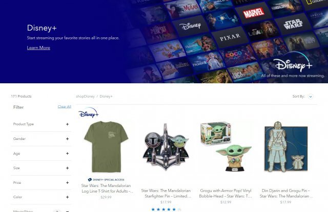 디즈니의 온라인 상품 판매 사이트. 디즈니는 스트리밍 플랫폼에서 콘텐츠 연관 상품을 판매하는 ‘쇼핑’ 서비스를 준비 중이다. (디즈니)
