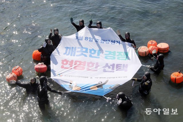 지난 22일 부산 기장 연화리 앞바다에서는 신암어촌계 해녀들의 해상 캠페인이 있었습니다. 깨끗한 바다에서 깨끗한 선거를 기원하는 플래카드를 펼쳐보이며 선거참여를 독려했습니다. / 뉴시스